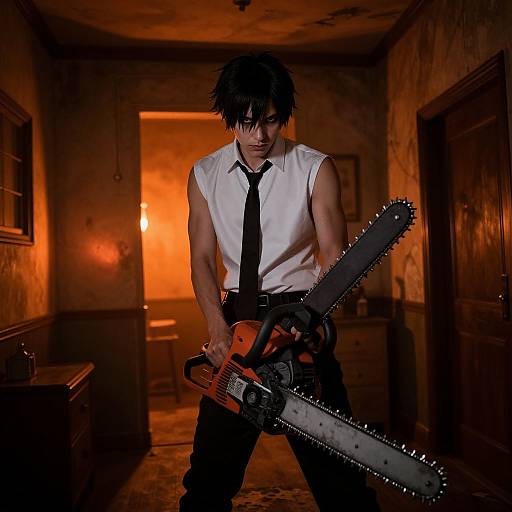 Photograph of a dark-haired, muscular man in a white sleeveless shirt, black tie, and pants, wielding an orange chainsaw in a dim
