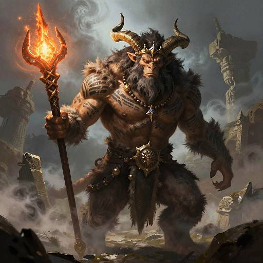 Digital fantasy artwork of a muscular, horned demon with black fur, holding a flaming torch, standing amidst ruins and mist.