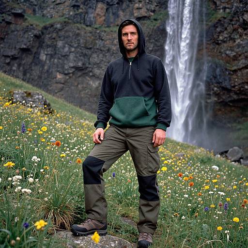 Photograph of a serious man in a black hoodie and green pants standing in a colorful meadow with a tall waterfall in the background.