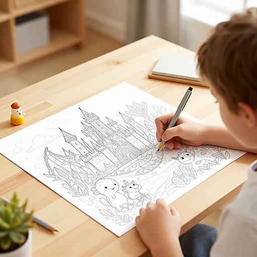Photograph: Boy with brown hair, wearing white shirt, drawing intricate black lines on white paper at wooden table, with pencil, orange ink bottle,