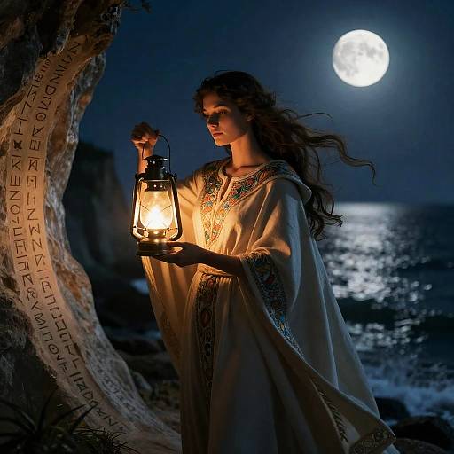 Moonlit Runic Cliff Lantern Maiden