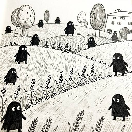 Black-and-white drawing of cute, blob-like creatures with wide eyes roaming a grassy field with trees and a house in the background.