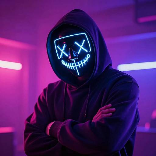 Photograph of a person in a black hoodie with a neon blue, pixelated, smiling skull face mask, arms crossed, against a pink and purple