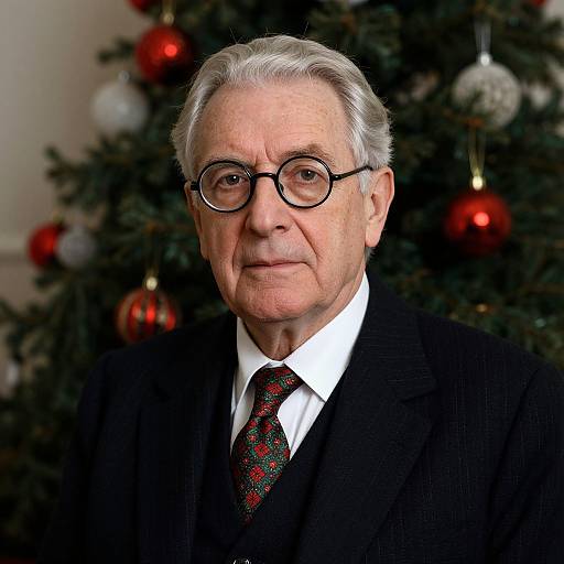 Photograph of an elderly white man with gray hair, black-rimmed glasses, wearing a black suit, white shirt, and red patterned tie