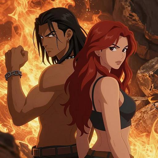 Digital Illustration of Two Muscular Characters with Flames
