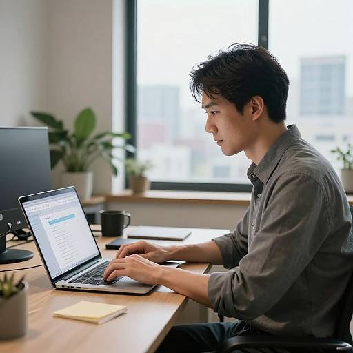 Photograph of an Asian man with short black hair, wearing a grey shirt, focused on his laptop at a wooden desk in a bright office with large