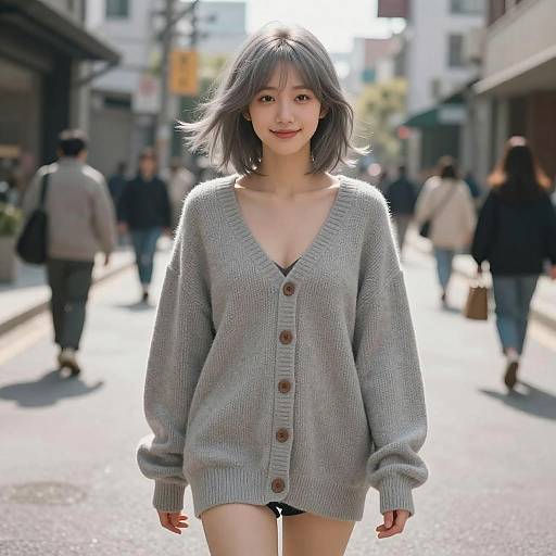 Young Woman in Oversized Sweater on Urban Street