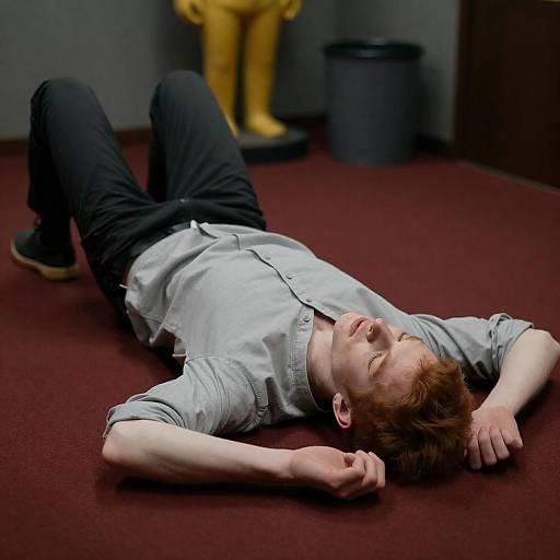 Young man lying on red carpet indoors