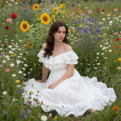 Photograph of a fair-skinned woman with long dark hair, wearing an off-shoulder white dress, sitting in a vibrant, colorful meadow