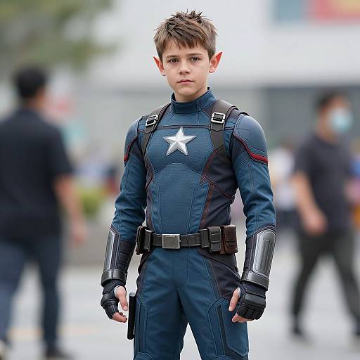 Photograph of a young boy with short brown hair in a blue superhero suit with a white star, standing confidently outdoors.