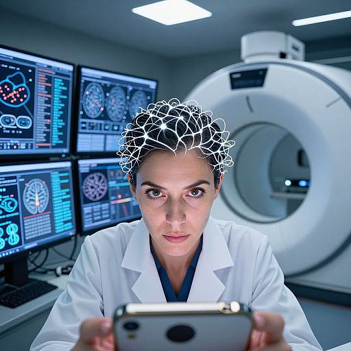 Photograph of a focused woman in a white lab coat, holding a smartphone, with brain neuron lines superimposed, standing in a modern lab with