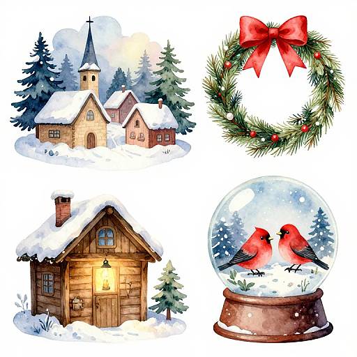 Watercolor illustration of a snowy village, church, wooden cabin, Christmas wreath with red bow, and snow globe with two red birds.