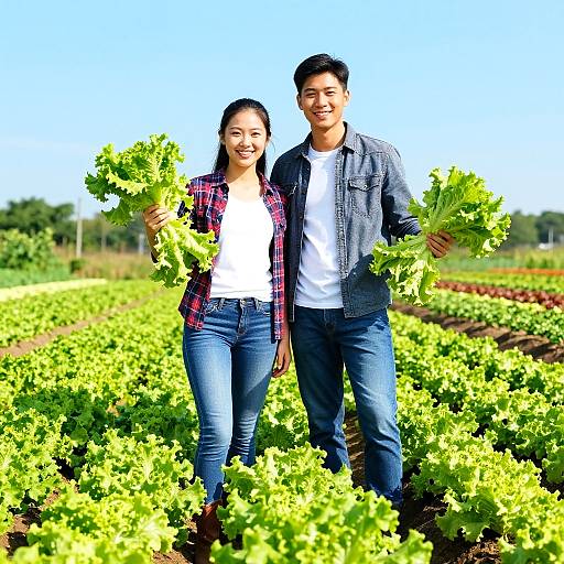 Photograph of smiling Asian couple holding fresh leafy greens in a vibrant, sunlit vegetable field under a clear blue sky.