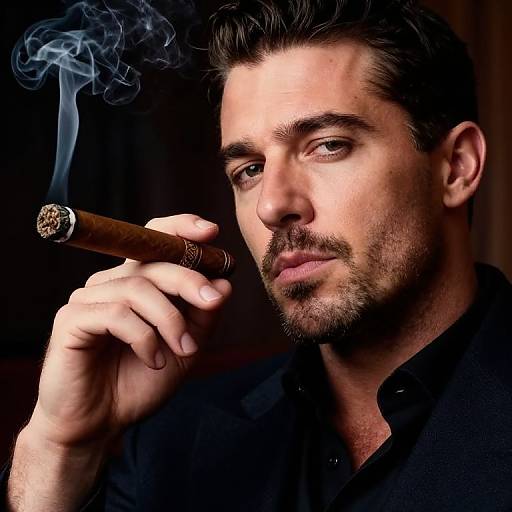 Photograph of a handsome, bearded man with dark hair, wearing a black shirt, holding a cigar with wisps of smoke.