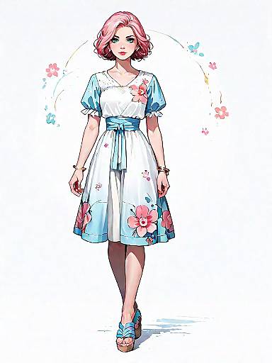 Woman in Pastel Floral Dress and Blue Wedges