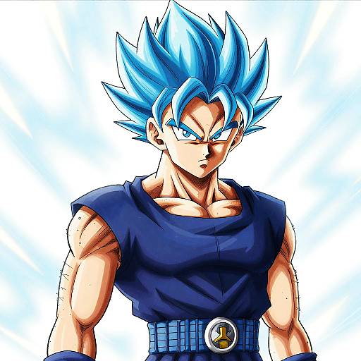 Digital anime-style drawing of a muscular, blue-haired, light-skinned male warrior with spiky hair, wearing a dark blue sleeveless shirt and blue