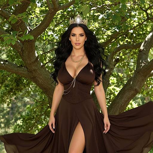 Photograph of a brunette woman with long wavy hair, wearing a black deep-V dress, gold necklace, and silver crown, standing in front of