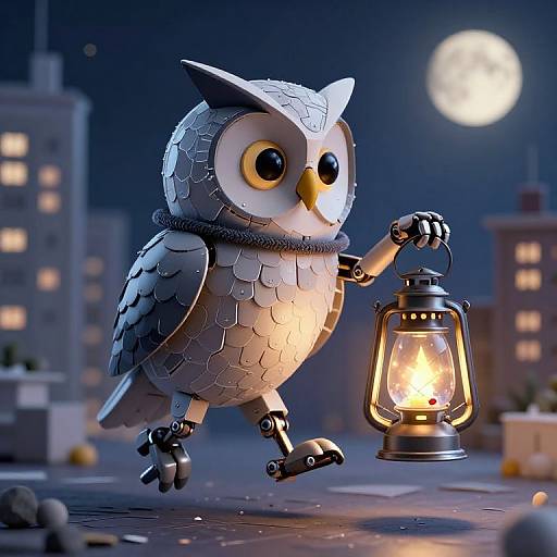 CGI cartoon owl with metallic texture, holding lantern, hopping at night. Full moon, cityscape with lit buildings in background.