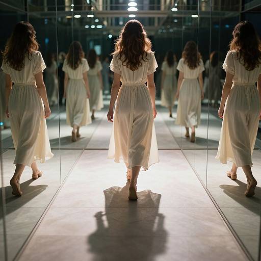Photograph of a woman with wavy brown hair, wearing a flowing white dress, walking away from bright light, surrounded by multiple reflections in a mirrored