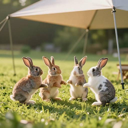 Photograph of four fluffy rabbits with varied brown, white, and gray fur, sitting on green grass under a white canopy. Sunlight filters through,
