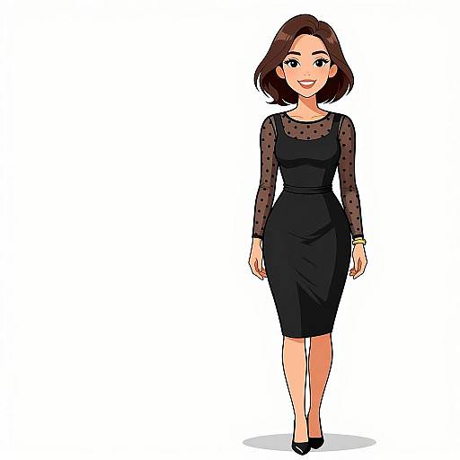 Digital illustration of a smiling woman with shoulder-length brown hair, wearing a black, long-sleeve, polka-dot mesh dress and black heels,