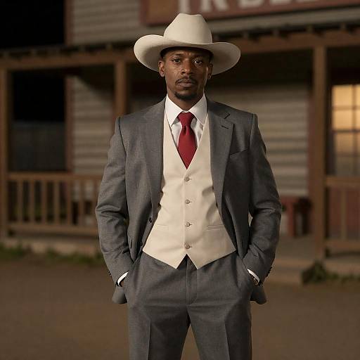 Man in Grey Suit and White Hat by Saloon