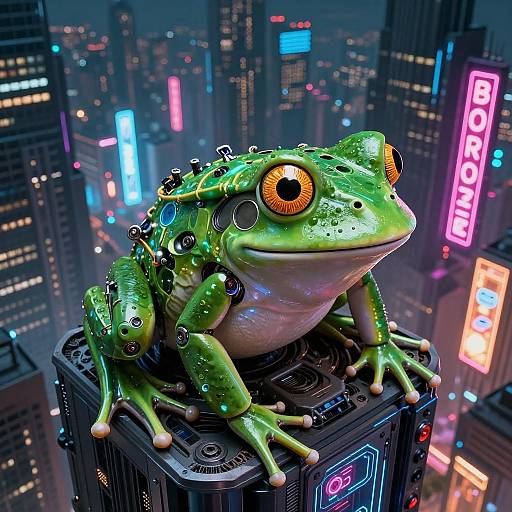 Cybernetic green frog with glowing orange eyes perched on a futuristic black box in a neon-lit, futuristic cityscape.