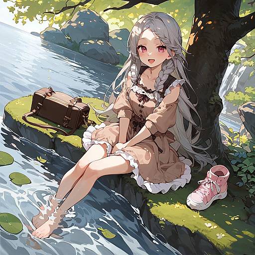 Anime Girl Wading in Sunlit Stream