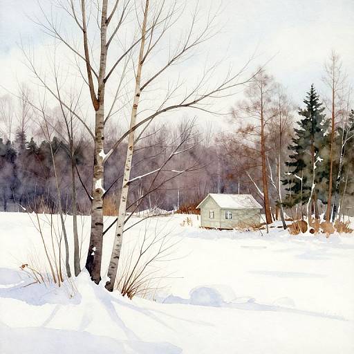 Winter landscape photograph: bare birch tree foreground, small white house in snowy field, dark evergreen trees in background, bright white snow.