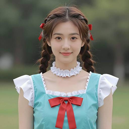 Asian Woman in Turquoise Dress with Red Ribbons