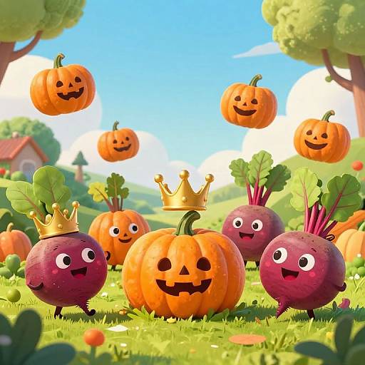 Colorful digital illustration of whimsical pumpkins with smiling faces and crowns, floating in a sunlit, grassy field with trees and a house