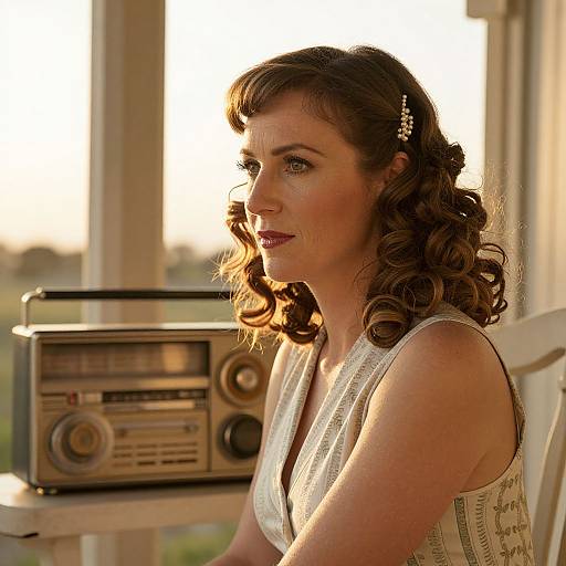 Photograph of a 1940s-style brunette woman with curled hair, wearing a white sleeveless dress, sitting beside a vintage radio, sunlight streaming