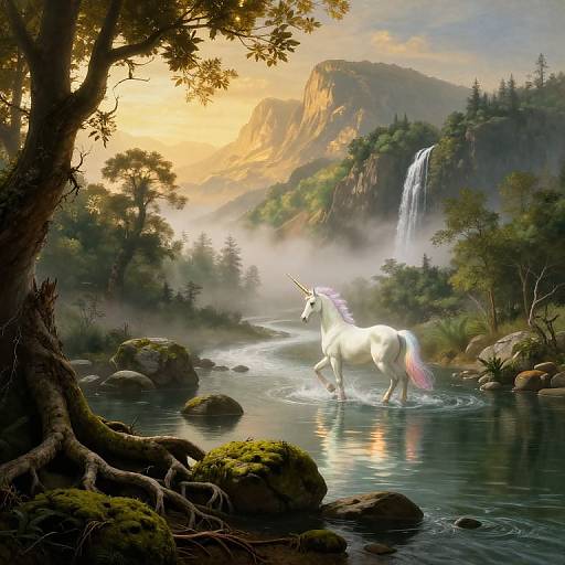 Fantasy digital painting: White unicorn with purple mane walks through misty, reflective river, surrounded by lush forest, towering cliffs, and waterfall at sunset