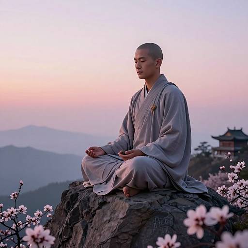 Photograph of a bald, young Asian monk in gray robes, meditating serenely on a rocky peak at sunset, surrounded by blooming cherry