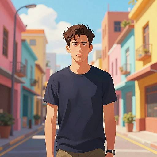 Digital art of a handsome young man with short brown hair, wearing a navy t-shirt, standing in a colorful, sunlit, narrow street.
