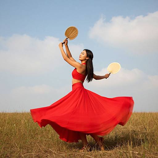 Photograph of an Asian woman with long black hair, wearing a red sleeveless top and flowing red skirt, dancing in a grassy field under a