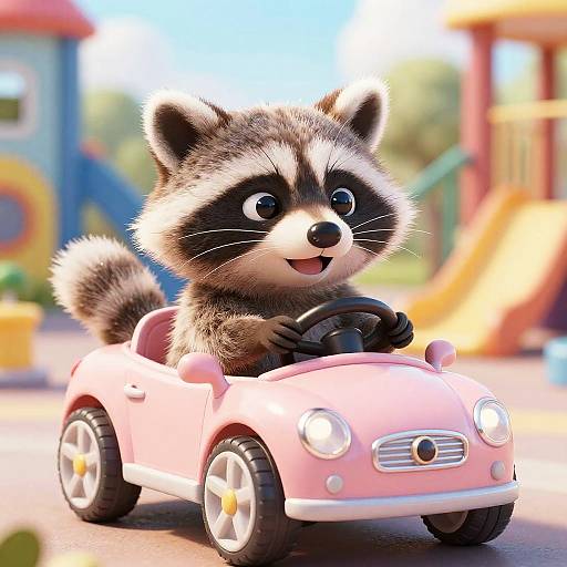 Cute CGI raccoon in a pink toy car, driving with a happy expression, in a colorful, sunny playground background.