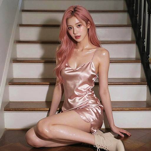 Woman in Pink Silk Slip Dress Sitting on Stairs