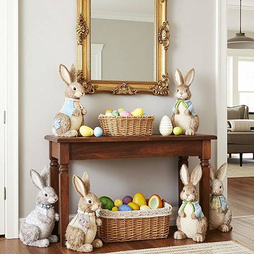 Photograph of a wooden console table with five plush rabbits, each wearing pastel dresses, holding Easter eggs and baskets, in front of an ornate