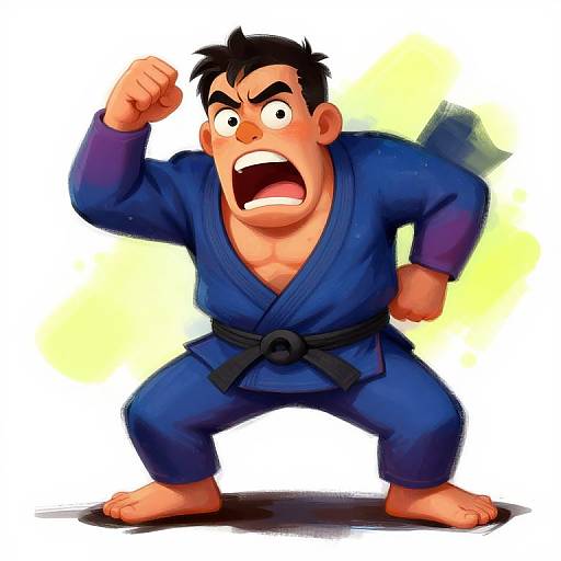 Cartoon-style drawing of a muscular, angry man in a blue karate gi, fists raised, mouth open in a shout, standing against a yellow