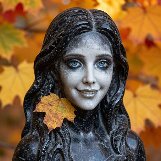 Photograph of a weathered, black stone statue of a smiling woman with blue eyes, holding a yellow autumn leaf, set against a vibrant orange and