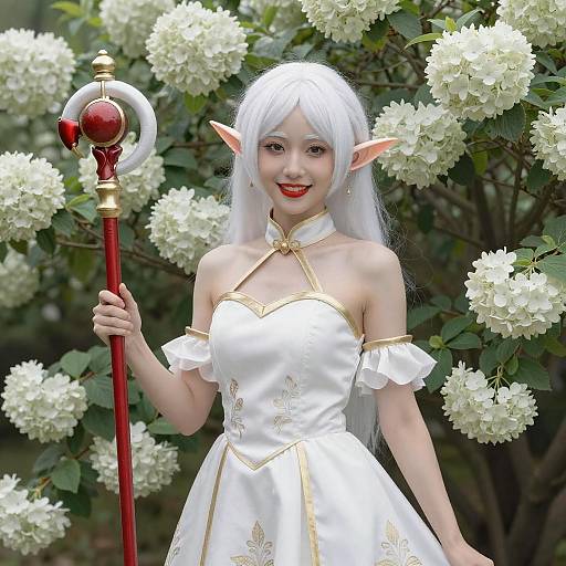 Ethereal White-Haired Elf with Staff