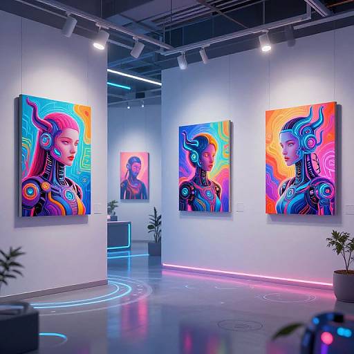 Photorealistic digital art gallery with four neon-lit, vibrant, cyberpunk portraits of futuristic women with intricate headgear, displayed on white walls.