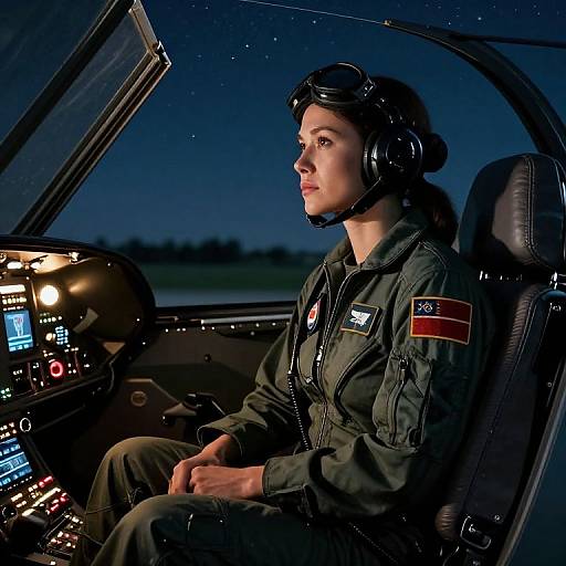 Determined Female Pilot in Vintage Cockpit