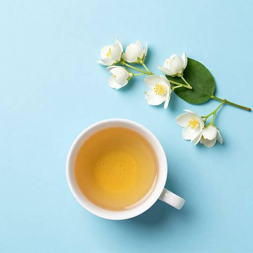 Photograph of a white cup with amber tea, topped by white jasmine flowers with green leaves, on a bright blue background.