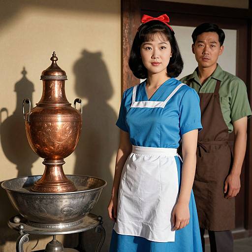 Photograph of an Asian woman in blue maid dress with white apron, red bow, standing beside a bronze teapot, shadowed background; man
