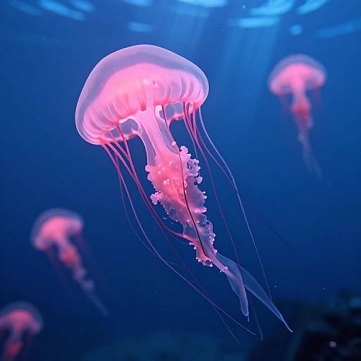 Photograph of glowing pink jellyfish with translucent bells and long, flowing tentacles, floating in a deep blue underwater ocean.