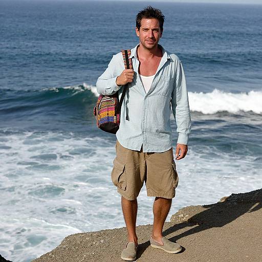 Photograph of a muscular man with short dark hair, light blue shirt, beige cargo shorts, and sandals, standing on a rocky beach with ocean waves