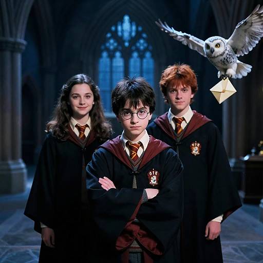 Three Children in Hogwarts Robes with Owl Delivering Letter