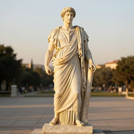Photograph of a white marble statue of a classical Roman woman, draped in a flowing gown, standing in a sunlit plaza.